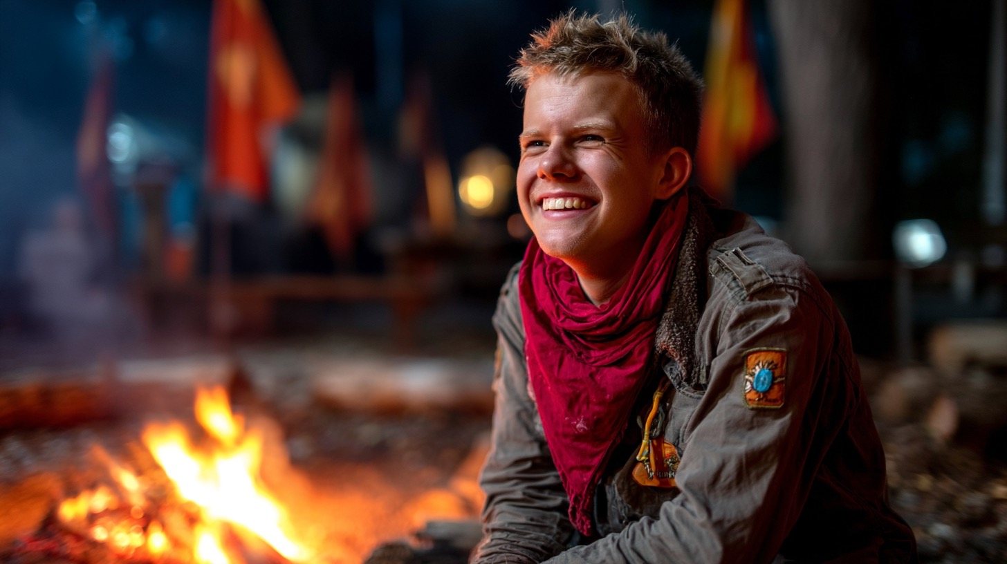 explorer laughing at a campfire