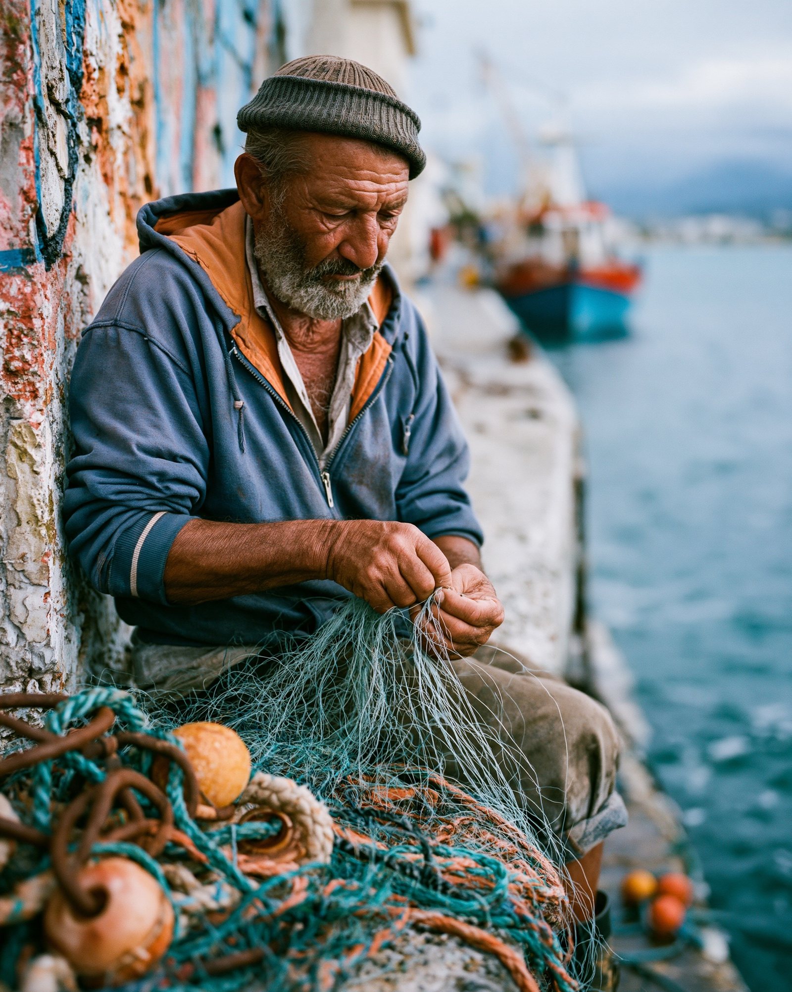 fisherman mending nets, raw s150