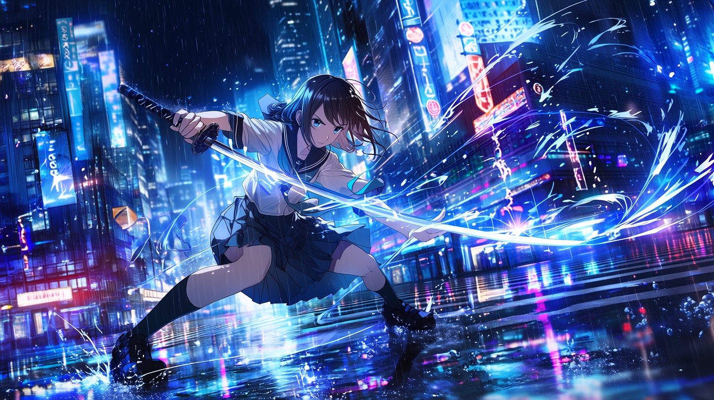 anime action scene, cyberpunk swordswoman