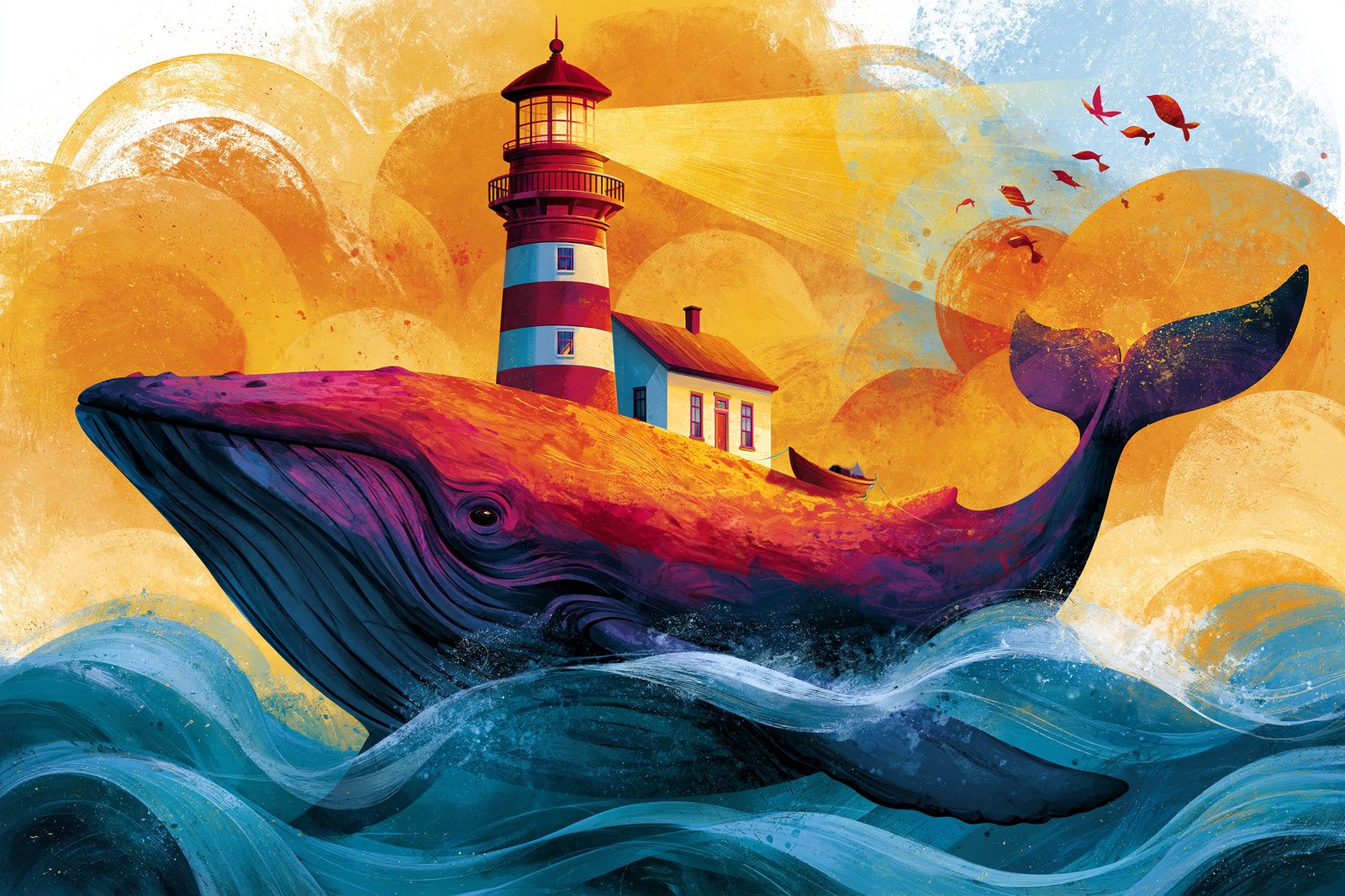 friendly whale carrying a lighthouse