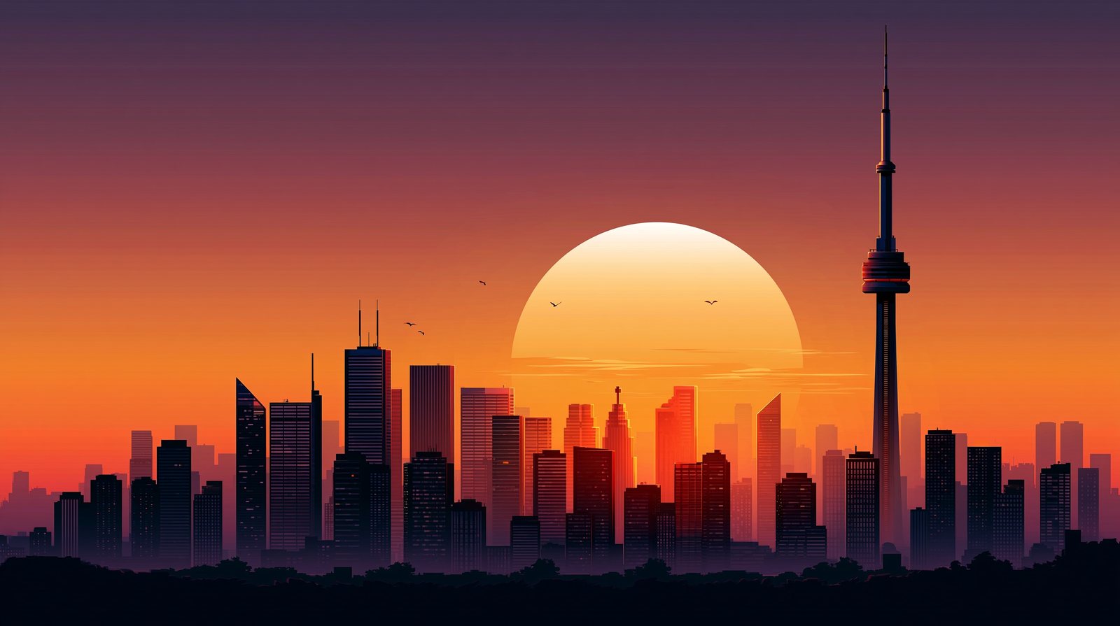 flat vector city skyline at sunset