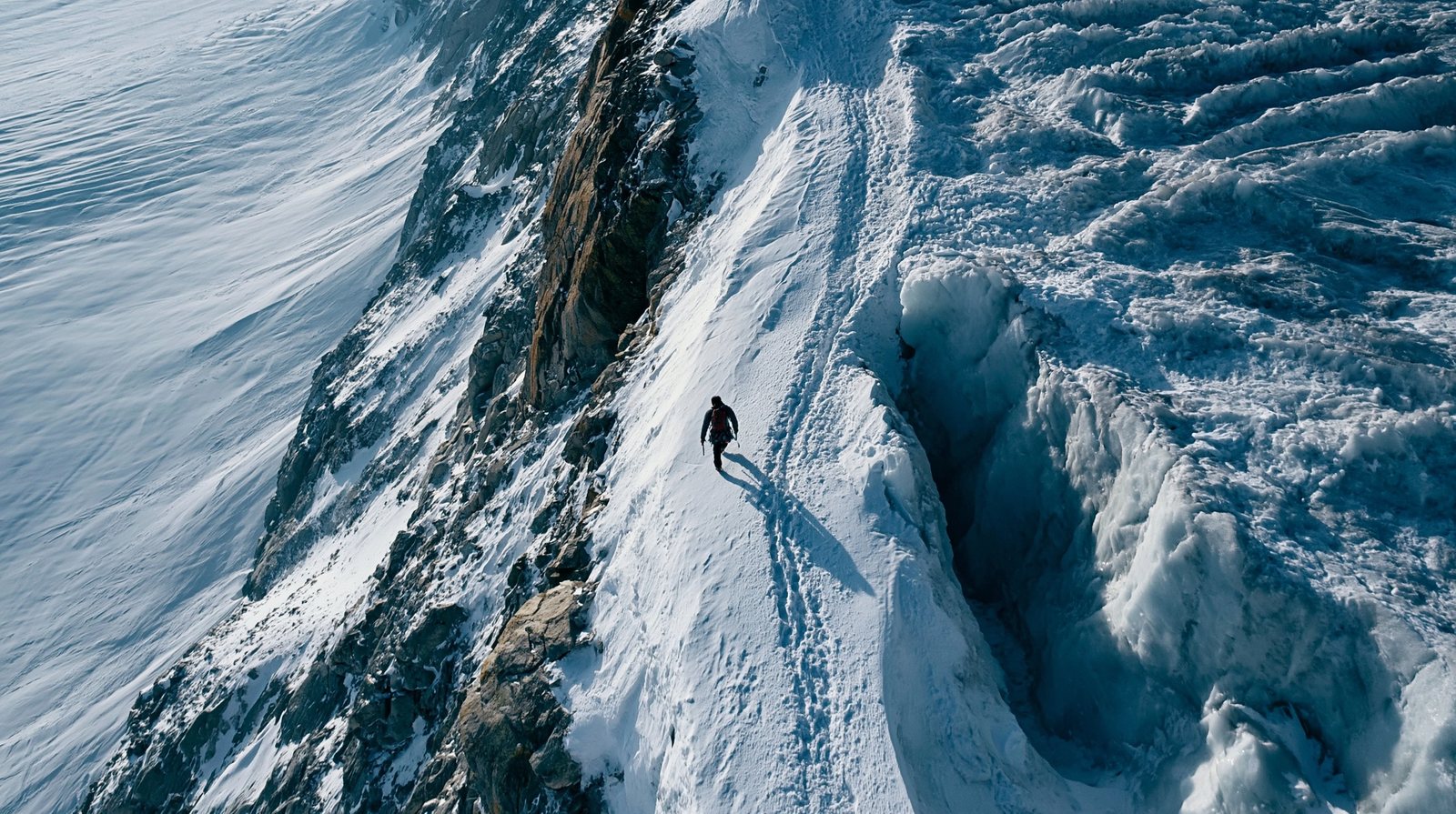 aerial view of climber on glacier