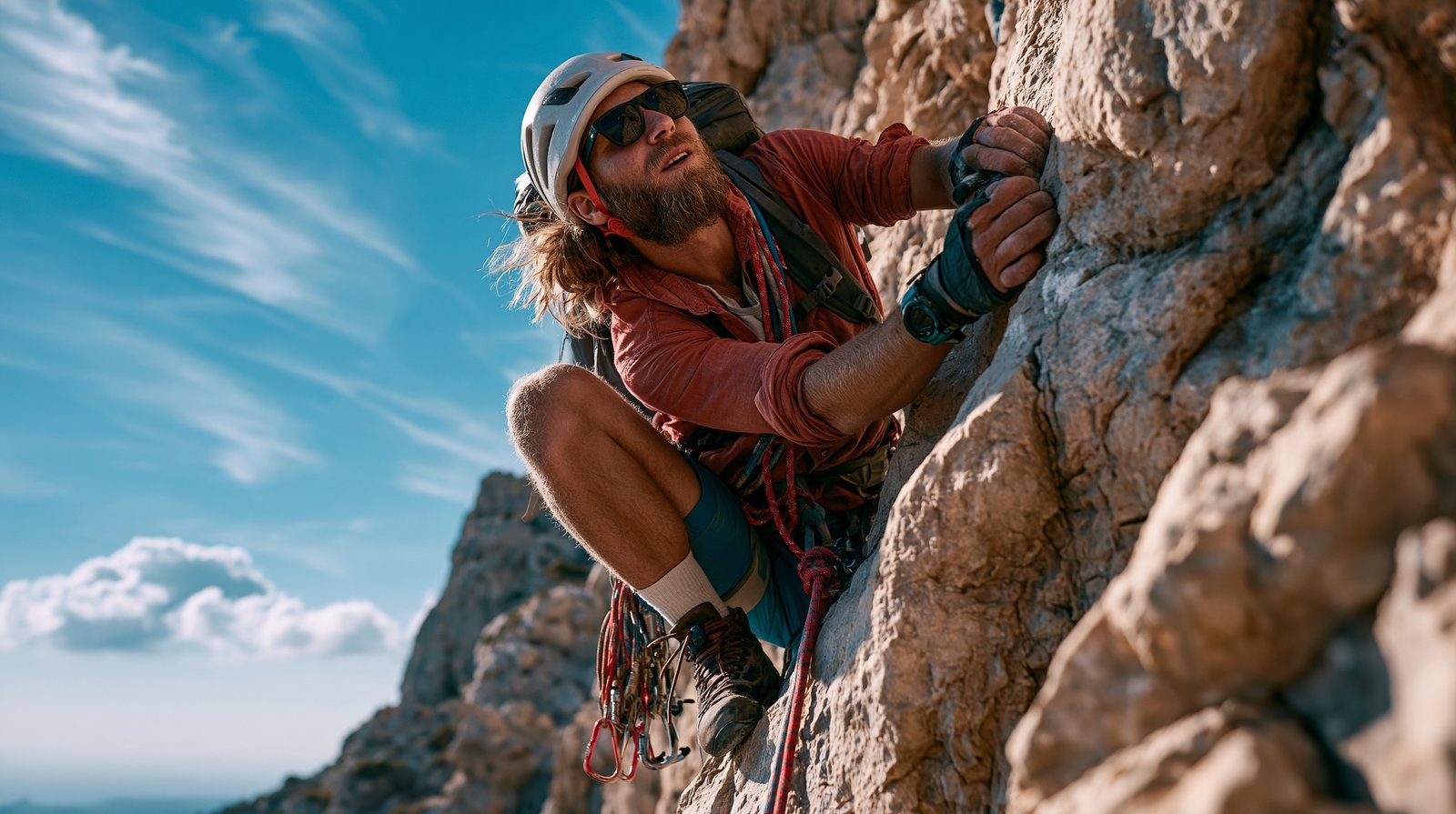 low-angle hero shot of climber