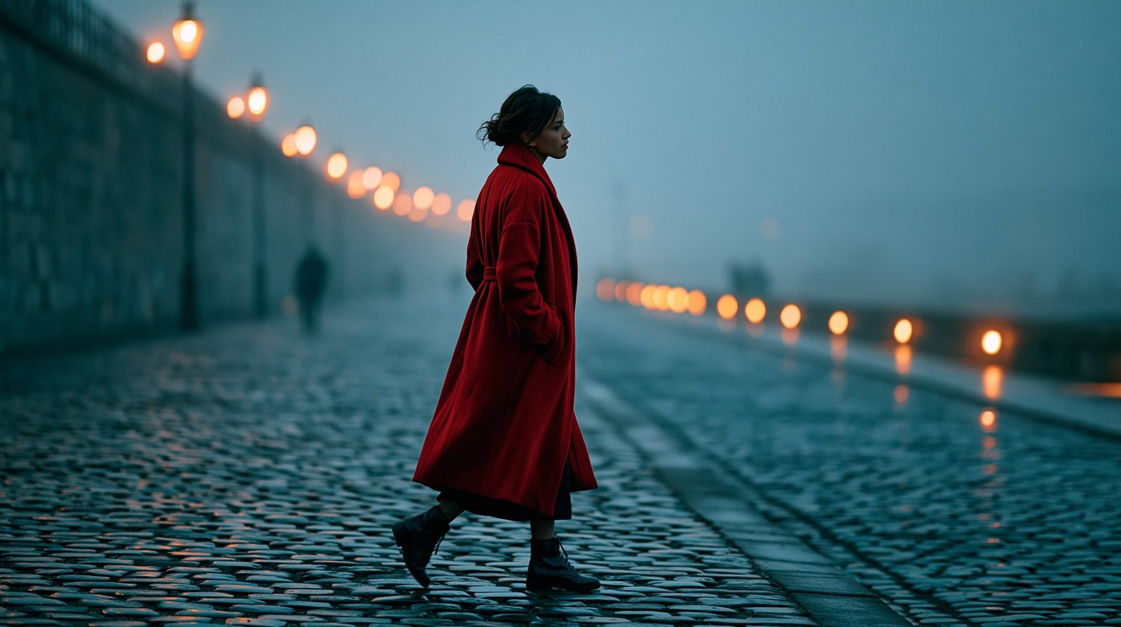 woman in a red coat crossing a foggy cobblestone street at dawn