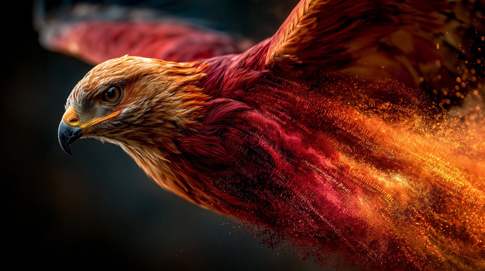 Glowing words condensing into a phoenix