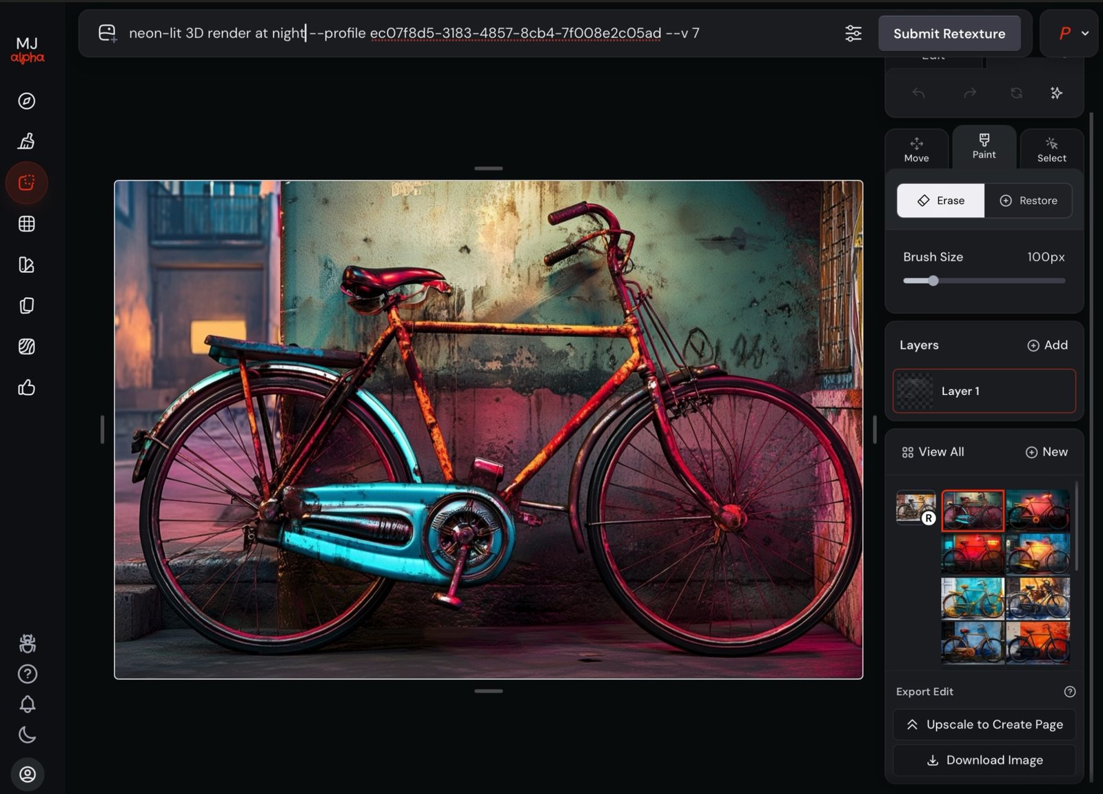bicycle retextured as a neon-lit 3D render