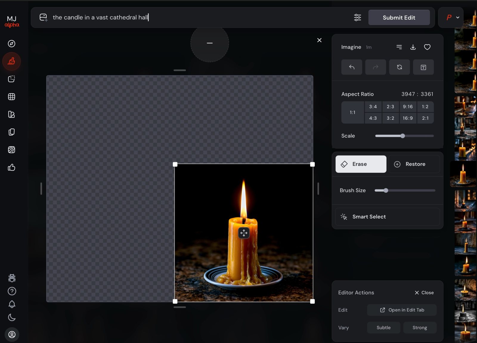 editor with the candle and a widened empty canvas