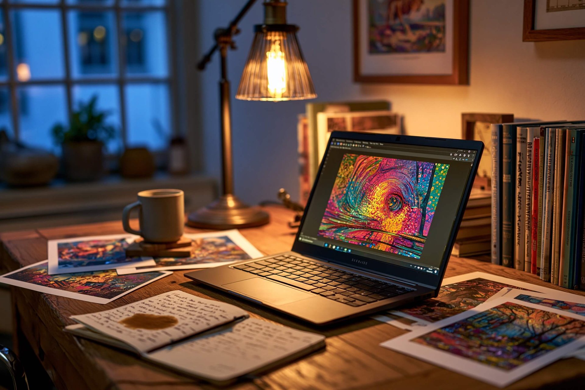 A wooden desk in 2022: a laptop showing generative artwork, printed AI test prints and handwritten prompt notes