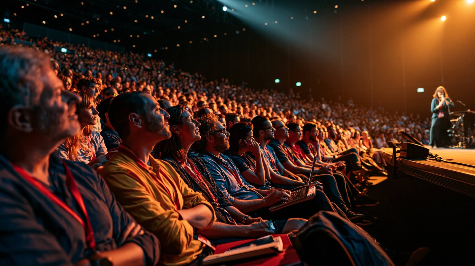 A packed modern auditorium during a keynote, warm stage light washing over the audience