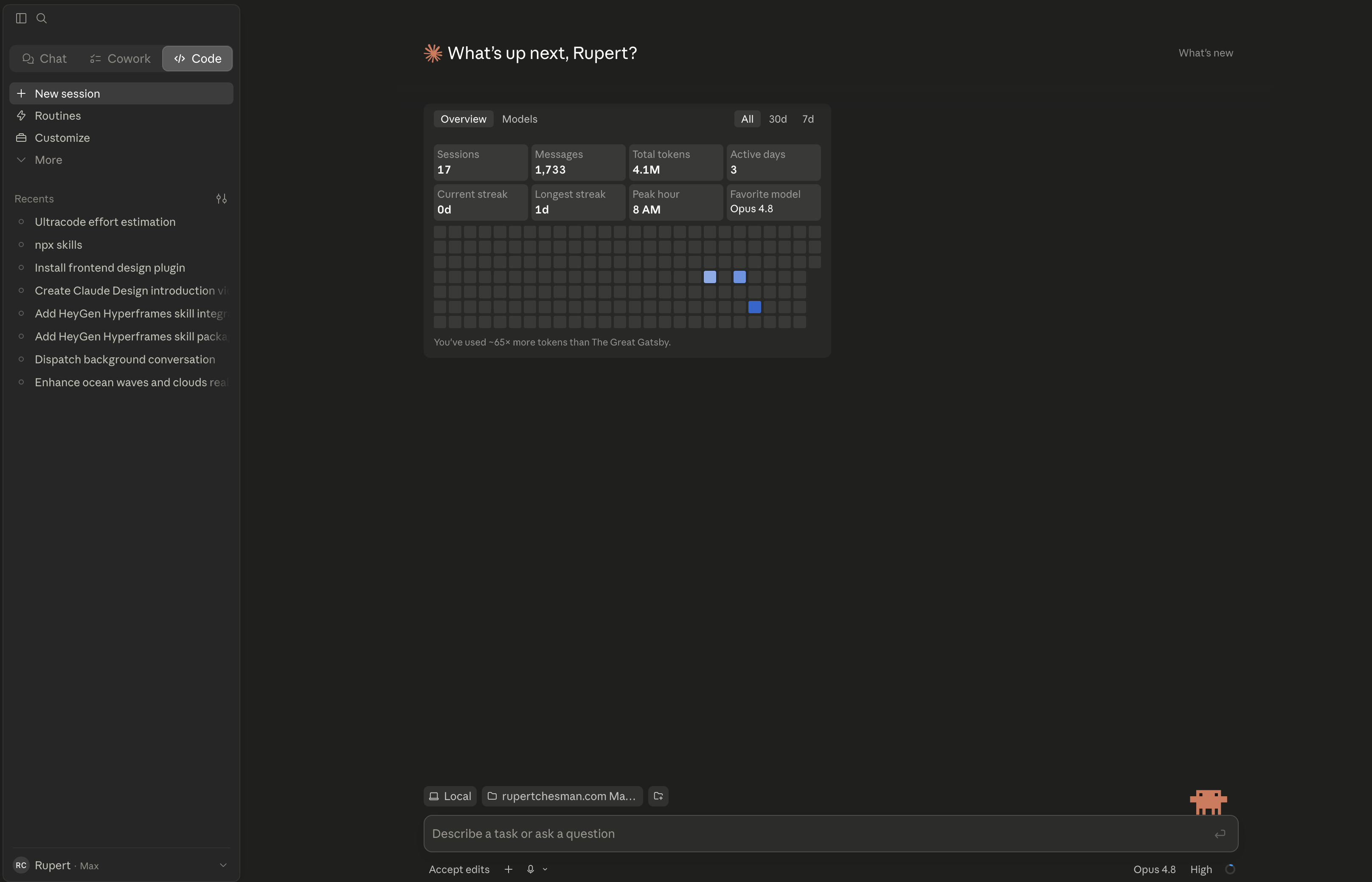 Your Claude dashboard &mdash; usage, streaks and recent work