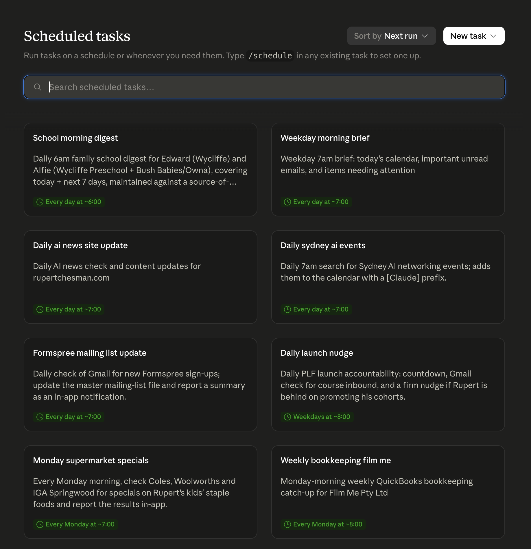 A grid of scheduled tasks — recurring jobs Claude runs automatically