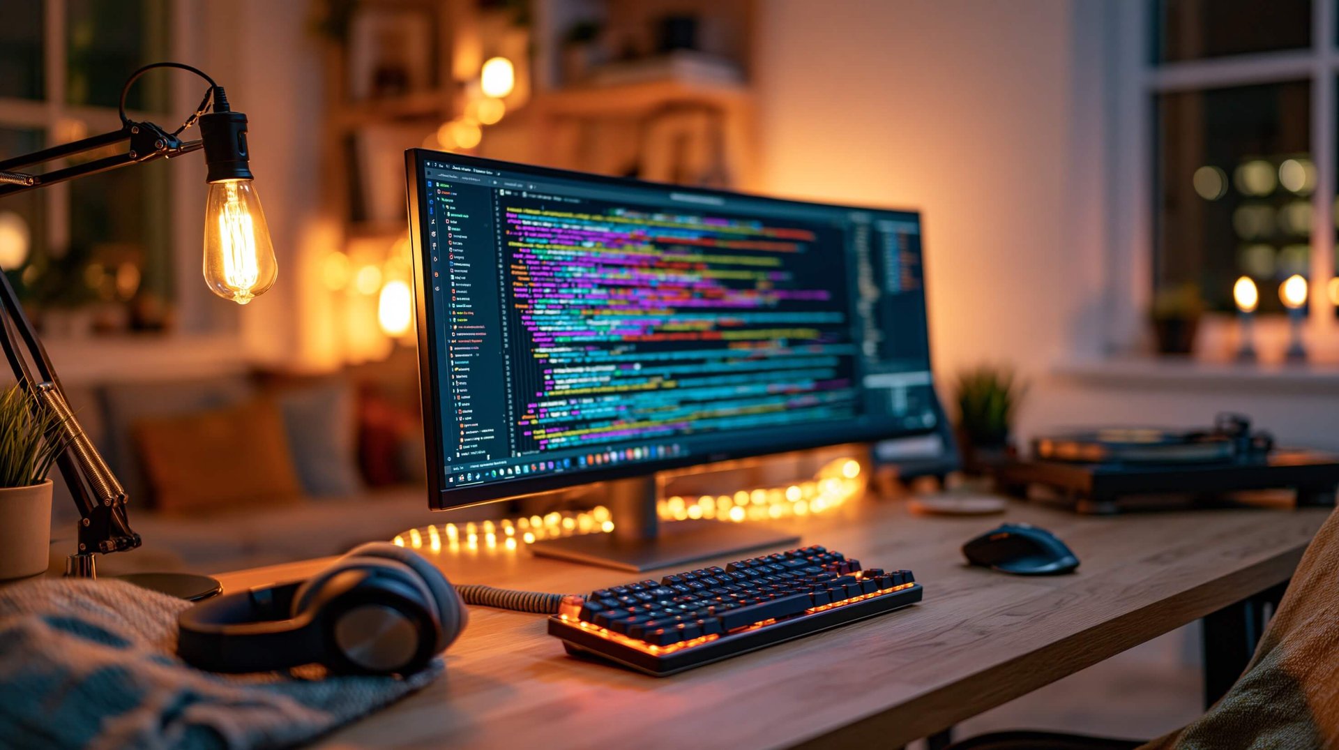 Desk lit by warm lamps at night — running open-weight AI models locally